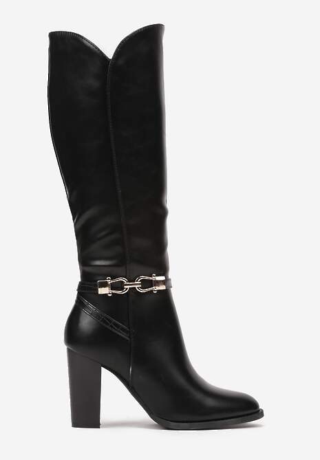 Czarne Kozaki na Słupku Muszkieterki z Klamerką Vortilina