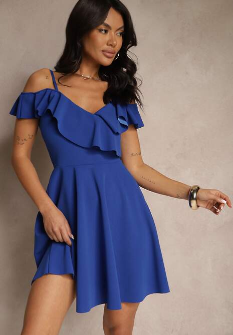 Niebieska Rozkloszowana Sukienka na Ramiączkach z Falbankami Milauri