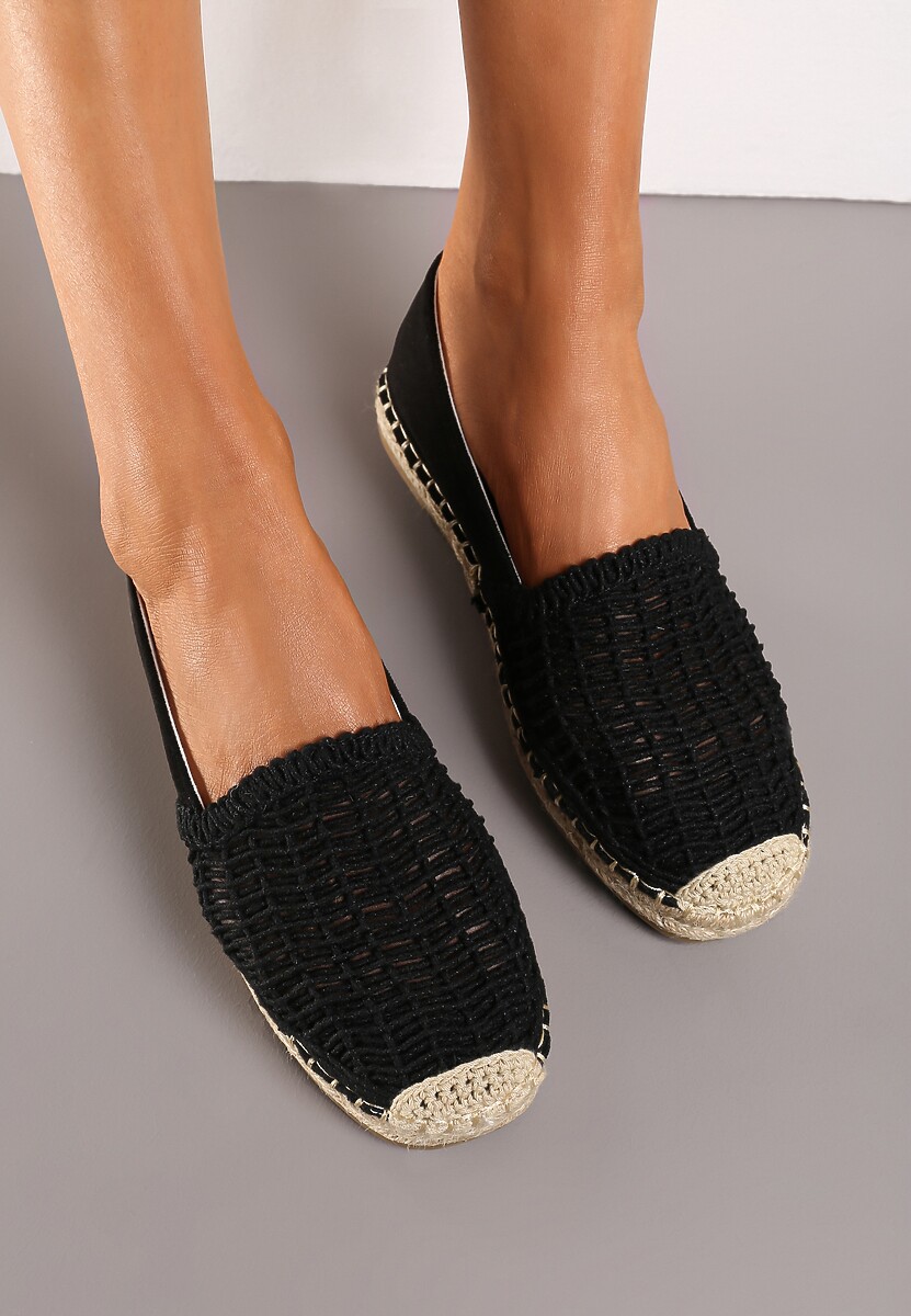 Czarne Płaskie Espadryle z Ekozamszu Ozdobione Jutą Lemiala