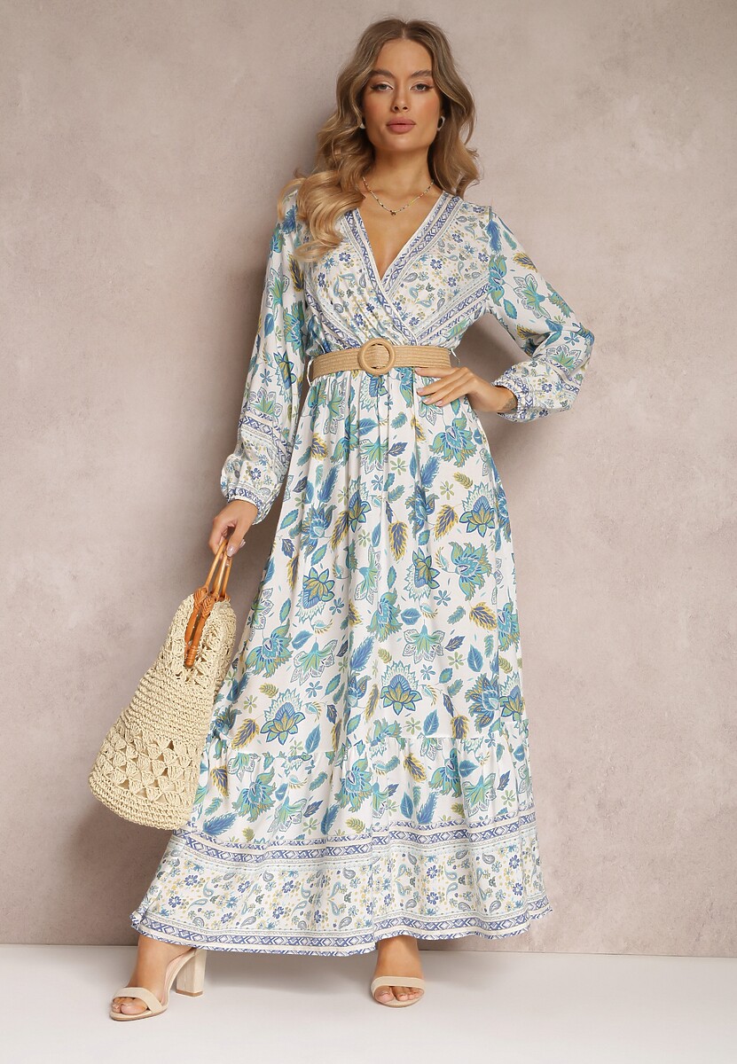 Niebiesko-Biała Sukienka Rozkloszowana z Paskiem Verintius