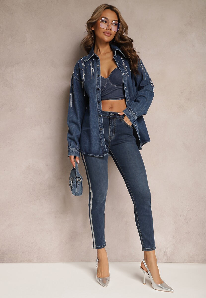 Granatowe Jeansy o Fasonie Skinny z Lampasami z Brokatu Qistella