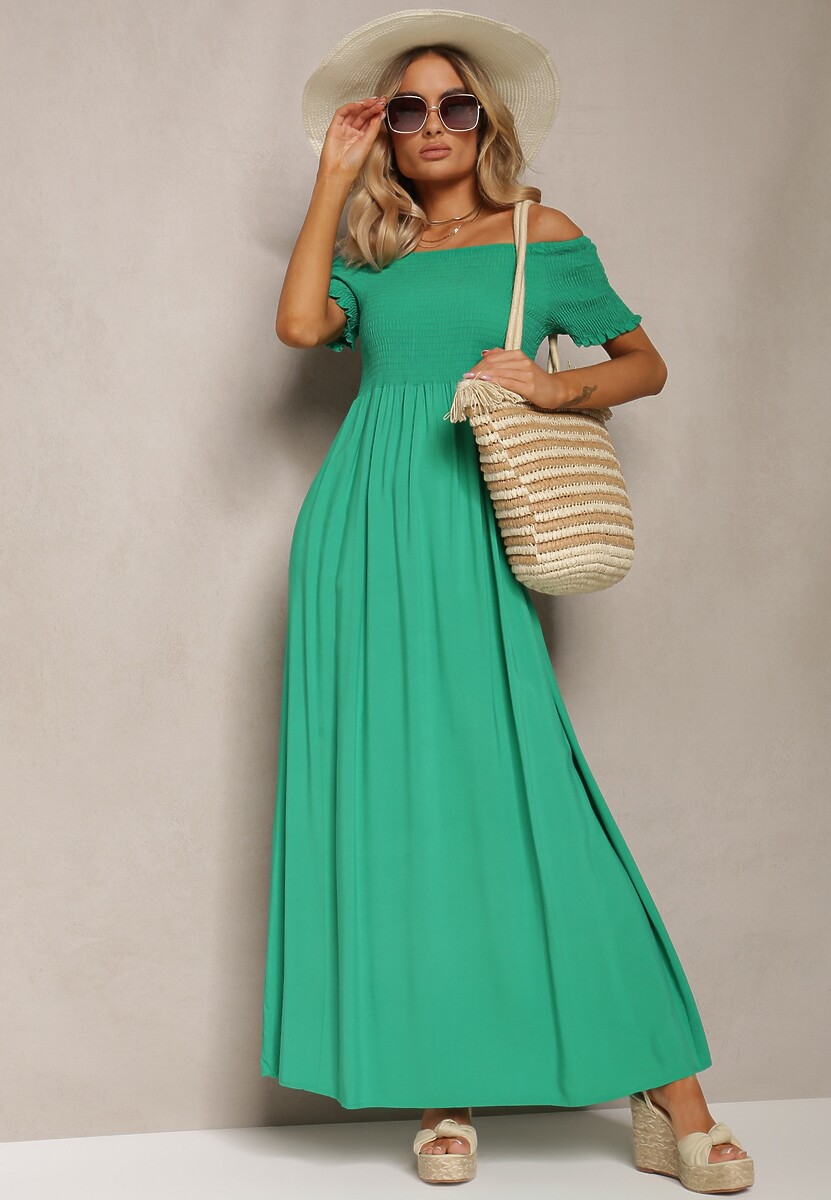 Zielona Sukienka Bawełniana z Rozkloszowanym Dołem i Hiszpańskim Dekoltem Barino