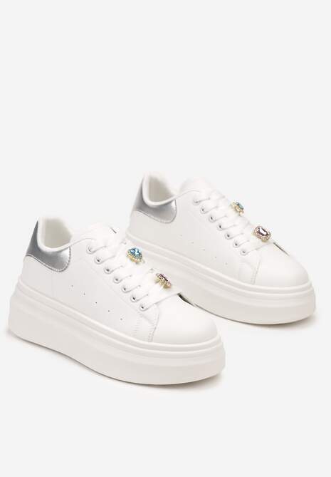 Biało-Srebrne Sneakersy na Platformie z Aplikacjami na Sznurówkach Neveahra