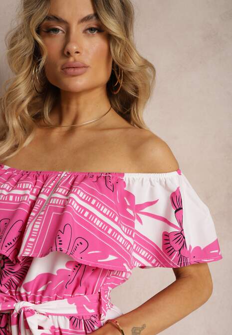 Różowo-Biała Hiszpanka Sukienka z Gumką w Talii i Materiałowym Paskiem z Falbankami Xoneri