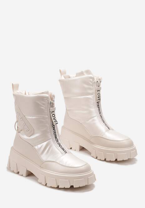 Beżowe Śniegowce z Ekoskóry z Ozdobnym Suwakiem i Napisem Veneria