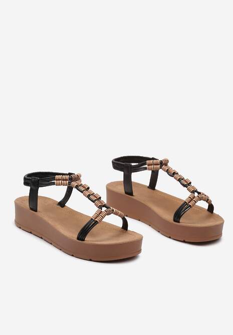 Czarne Sandały Boho z Ozdobnymi Koralikami i Platformą Kaullas