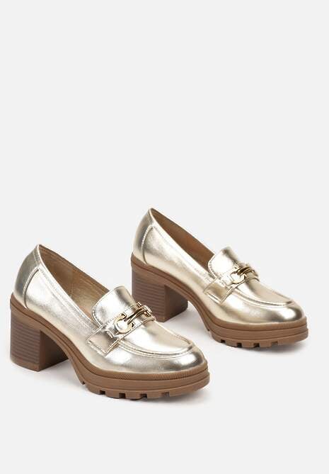 Złote Półbuty na Słupku Stylizowanym na Drewniany Ozdobione Klamrą Timova