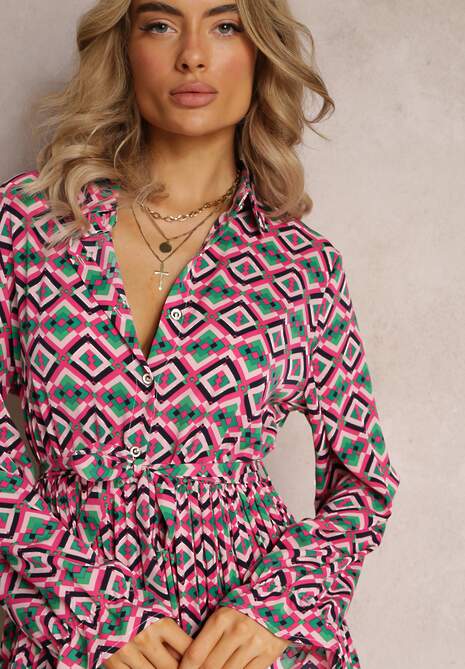 Fuksjowa Plisowana Sukienka Koszulowa z Wiązanym Paskiem Helminesa