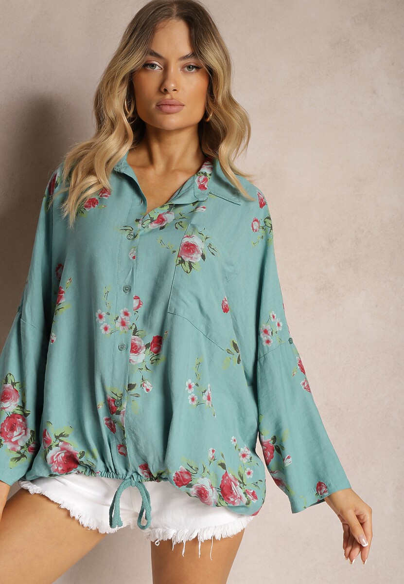 Niebieska Wiskozowa Koszula Ściągana na Dole o Kwiatowym Wzorze Tinovis