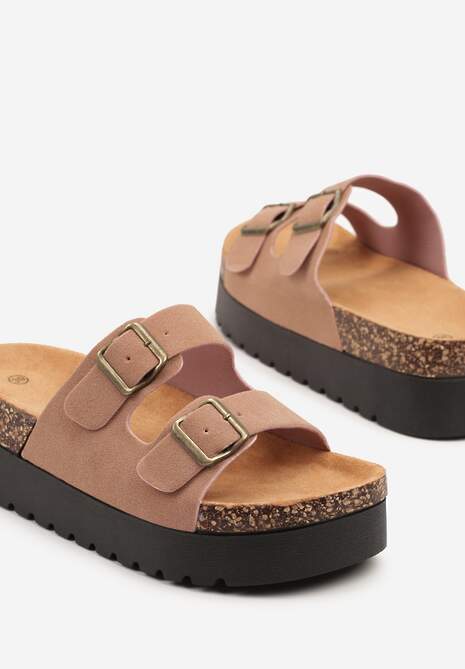 Różowe Klapki na Platformie z Korka Ozdobione Klamrami Ravilisse