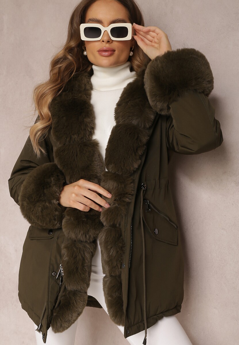 Ciemnozielona Kurtka Parka z Futerkiem i Szerokim Kapturem Florion