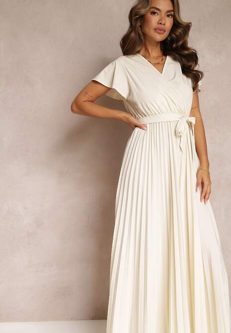 Jasnobeżowa Koktajlowa Maxi Sukienka Ozdobiona Plisami z Trójkątnym Dekoltem i Wiązaniem w Talii Phoelia