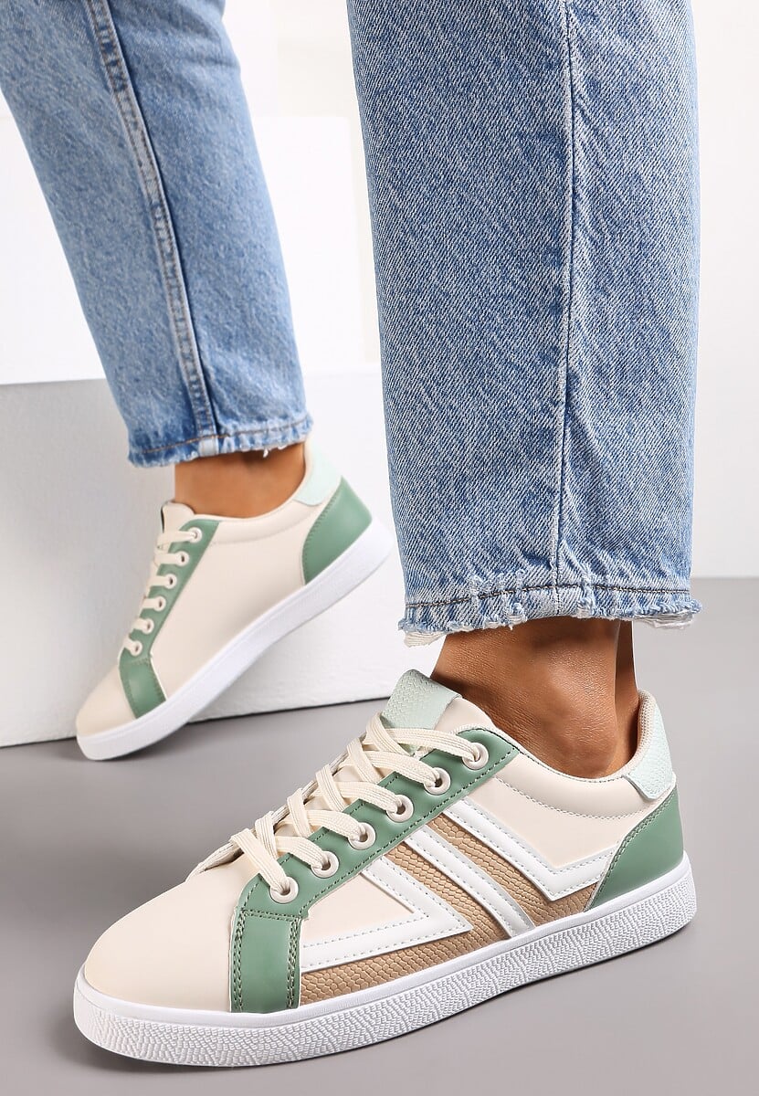 Beżowo-Zielone Sneakersy z Wstawkami Lerlet