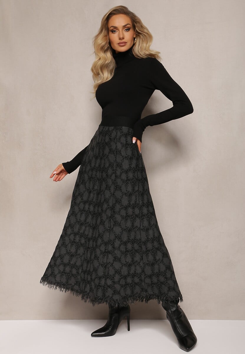 Czarna Rozkloszowana Spódnica Trapezowa Maxi z Dzianiny Broffe