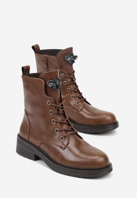 Brązowe Botki Workery ze Skóry Naturalnej z Aplikacją-Pszczołą z Cyrkonii Tevalra