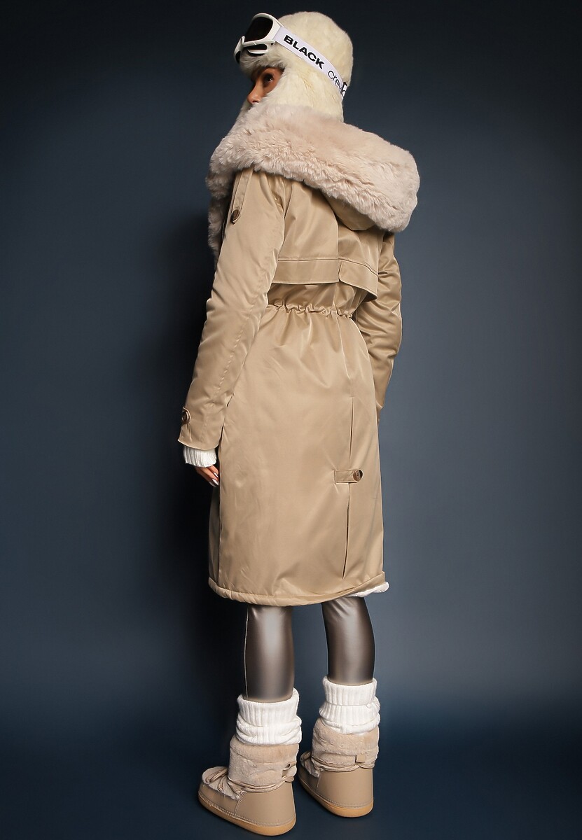 Beżowa Długa Kurtka Parka Nylonowa Płaszcz z Futrzanymi Wstawkami Rinale