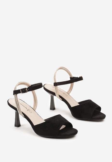 Czarne Sandały na Szpilce ze Skórzaną Wkładką Paskiem z Cyrkoniami Nijana