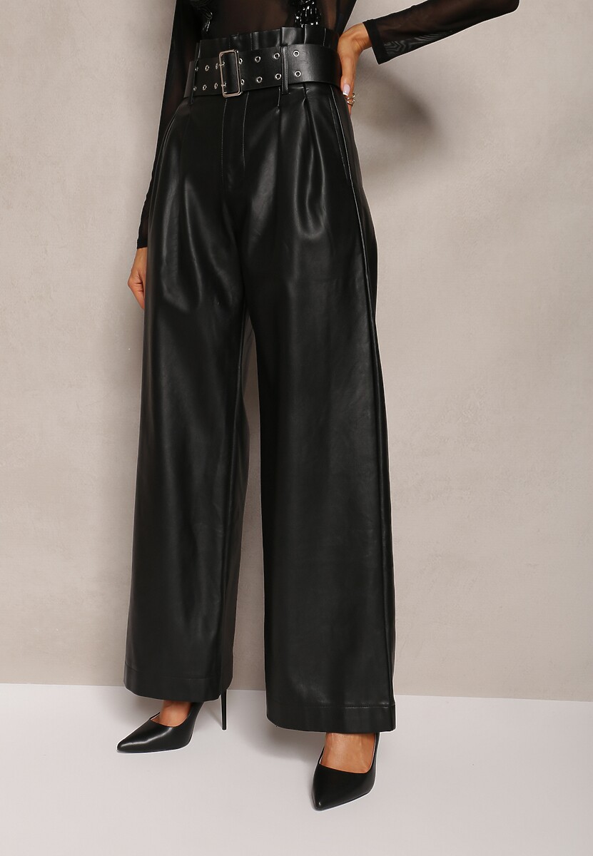 Czarne Szerokie Spodnie High Waist z Ekoskóry i Paskiem Phyphne