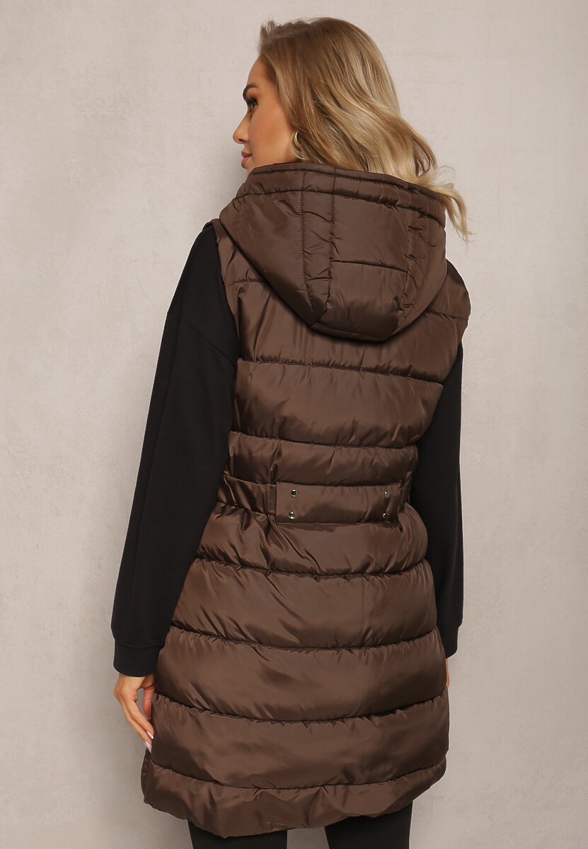 Brązowa Pikowana Kamizelka Dwustronna z Troczkiem w Pasie o Wydłużonym Fasonie Selinorda