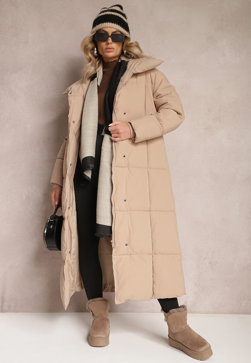 Beżowa Długa Kurtka Pikowana Płaszcz z Paskiem Adellesstta