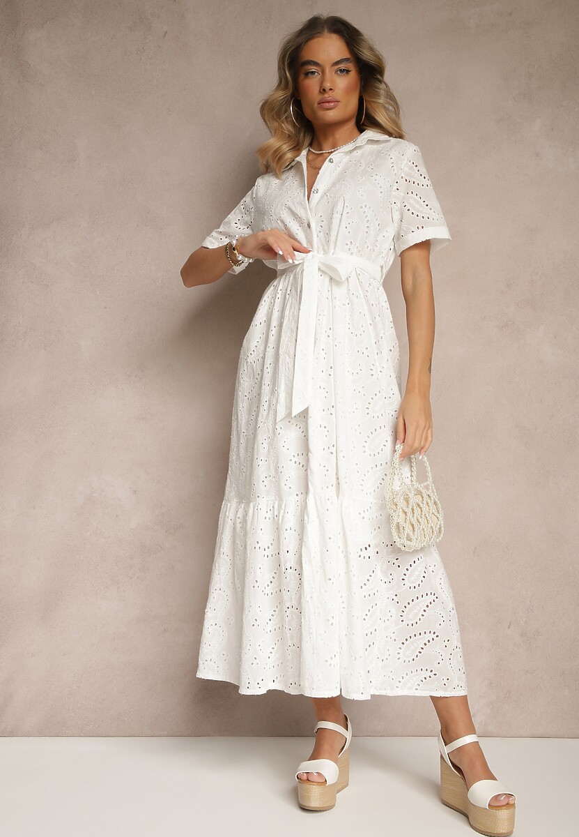 Biała Ażurowa Sukienka z Bawełny Koszulowa Ozdobiona Paskiem Fevorette