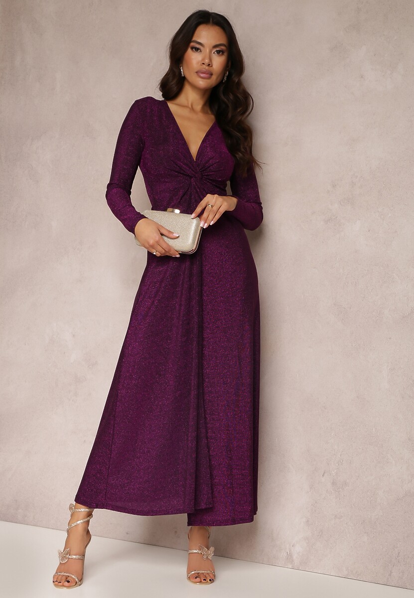 Ciemnofioletowa Sukienka z Marszczeniem przy Dekolcie Metaliczna Enemelle