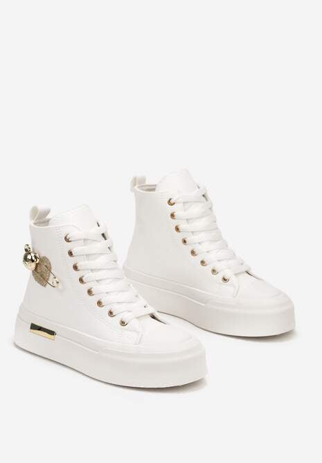 Białe Trampki z Wysoką Cholewką na Platformie Wykończone Brokatową Broszką Terilaina