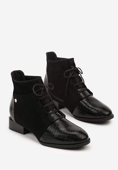 Czarne Sznurowane Botki do Kostki Vices Zdobione Tłoczeniem Skóry Węża Wedvire