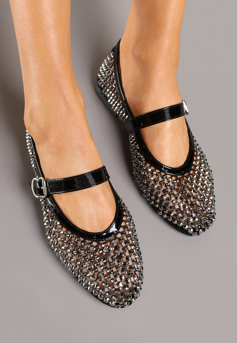 Czarne Siateczkowe Balerinki z Paskiem z Błyszczącymi Cyrkoniami Lisabia