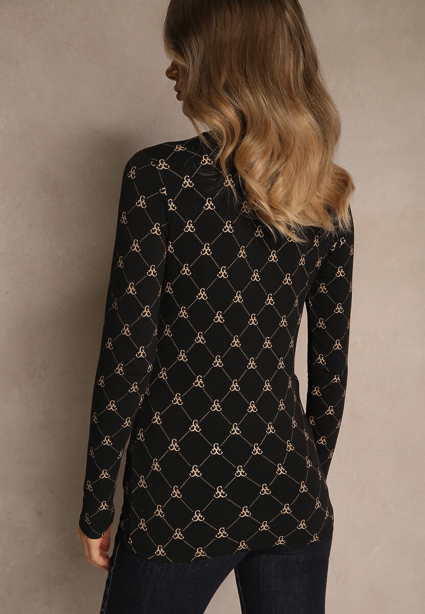 Czarna Bluzka Longsleeve Półgolf z Bawełny Ozdobiona Geometrycznym Nadrukiem Zantila