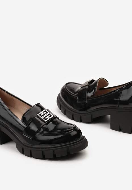 Czarne Lakierowane Mokasyny w Stylu Chunky z Geometryczną Klamerką Lusora