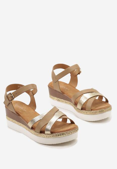 Ciemnobeżowe Casualowe Sandały na Koturnie na Plecionej Podeszwie z Ozdobnymi Paskami Zapinane Wokół Kostki Isabellane