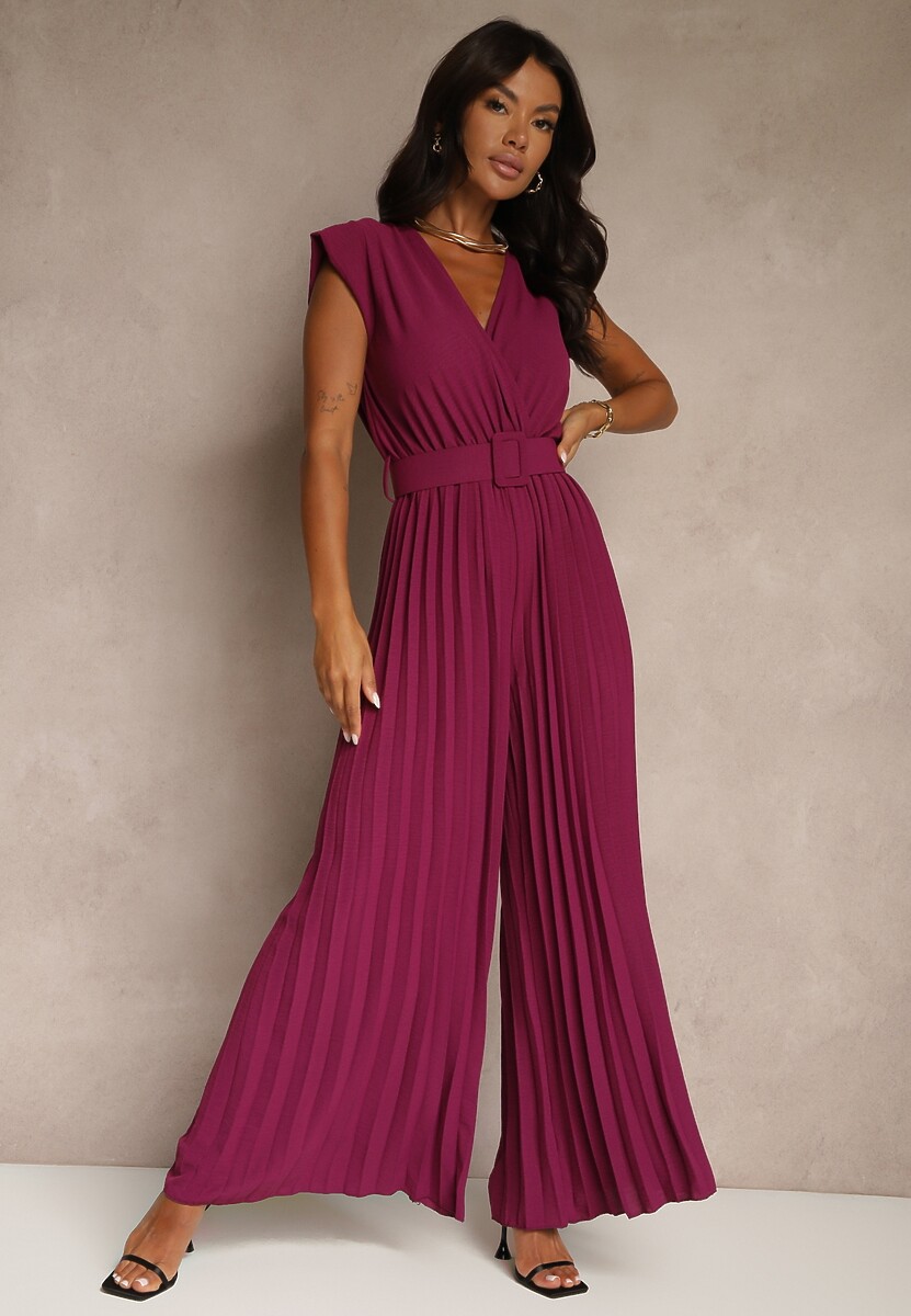 Niebieski Kopertowy Kombinezon Wide Leg Zdobiony Plisami i Paskiem z Klamrą Salirella