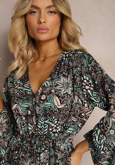 Czarno-Zielona Sukienka w Kwiatowy Print Rozkloszowana z Falbankami Airova