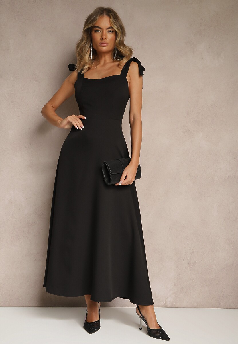 Czarna Sukienka z Wiskozą o Rozkloszowanym Kroju z Wiązaniem Nilafeia