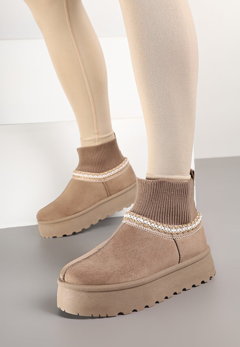 Ciemnobeżowe Śniegowce na Platformie ze Skarpetową Cholewką Erevelis