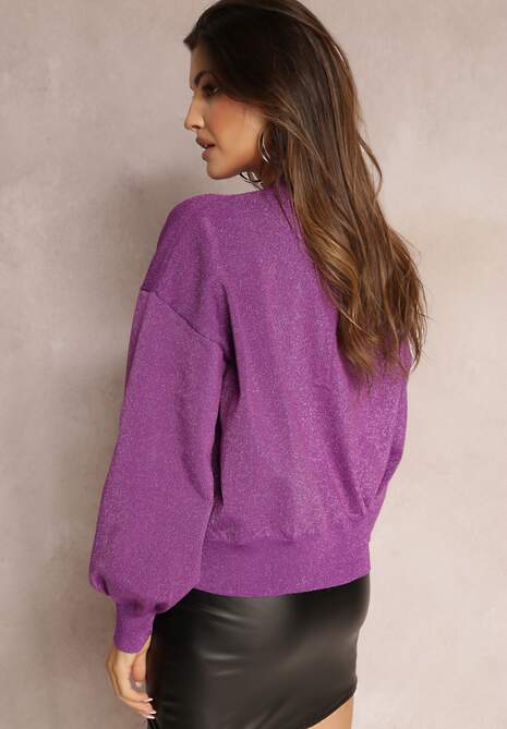 Fioletowy Klasyczny Sweter z Metaliczną Nitką i Napisem Actylia