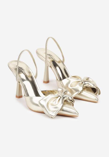 Złote Sandały na Szpilce Slingback Ozdobione Kokardą Terrafera