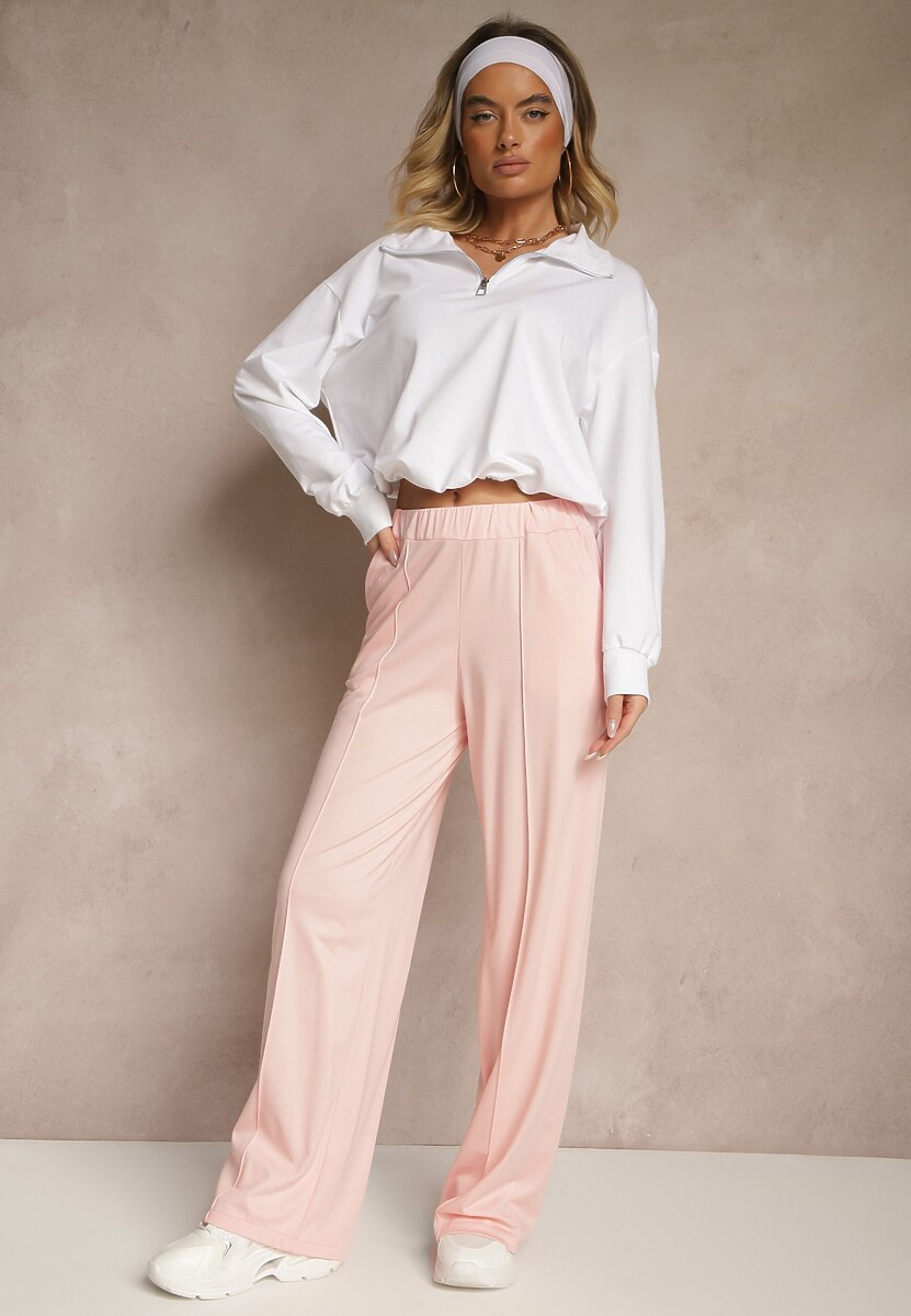 Jasnoszare Spodnie z Wiskozą o Szerokim Kroju Ozdobione Kantem Belhira