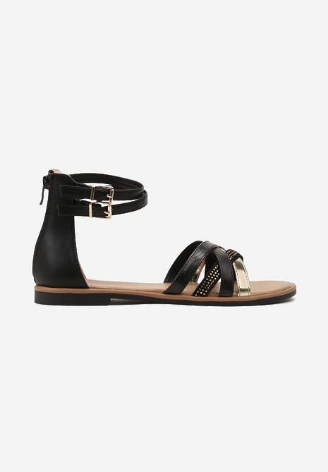 Czarne Płaskie Sandały z Podwójnym Paskiem Wokół Kostki Celadria