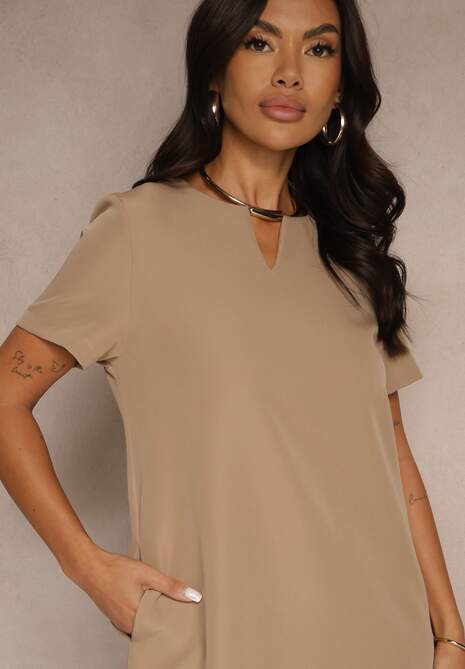 Ciemnobeżowa Trapezowa Sukienka Mini z Krótkim Rękawem i Kieszeniami Vrea