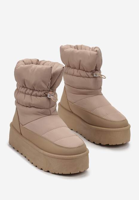 Ciemnobeżowe Śniegowce ze Ściągaczem na Grubej Podeszwie Lunne