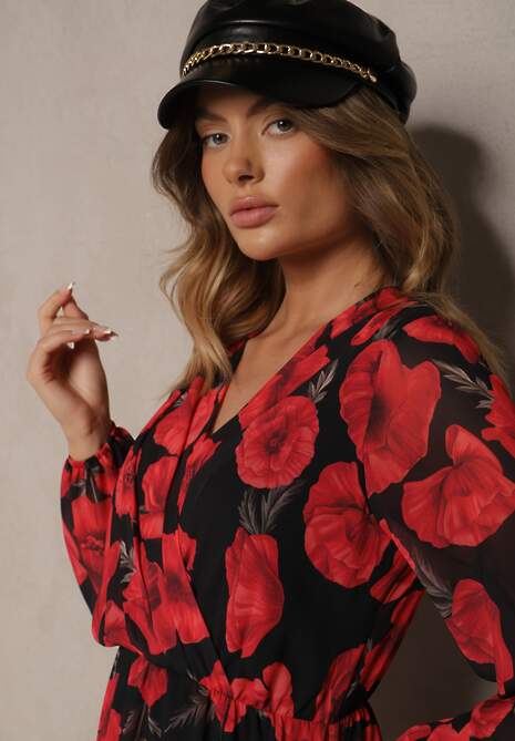 Czerwono-Czarna Asymetryczna Sukienka w Kwiaty o Kopertowym Kroju z Gumką w Talii Viradi