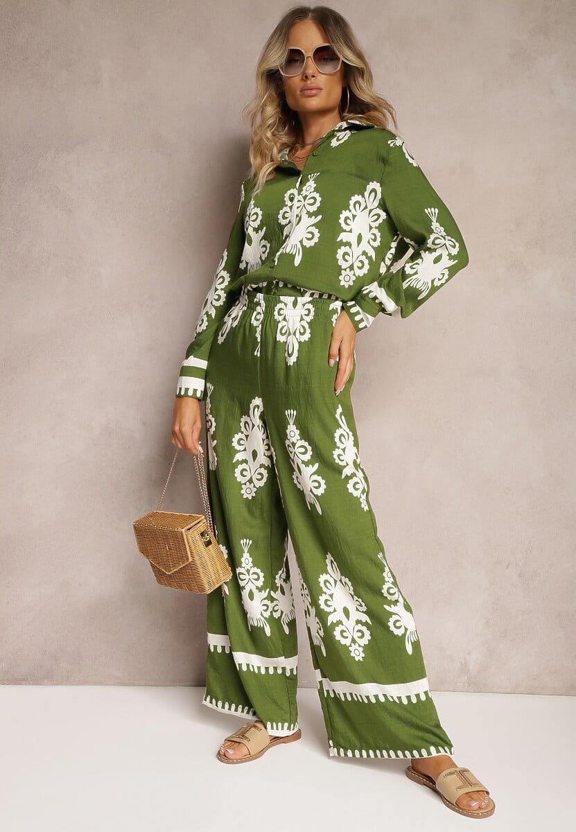 Zielony Wiskozowy Komplet w Kwiaty Szerokie Spodnie z Gumką w Pasie i Koszula Fawnla