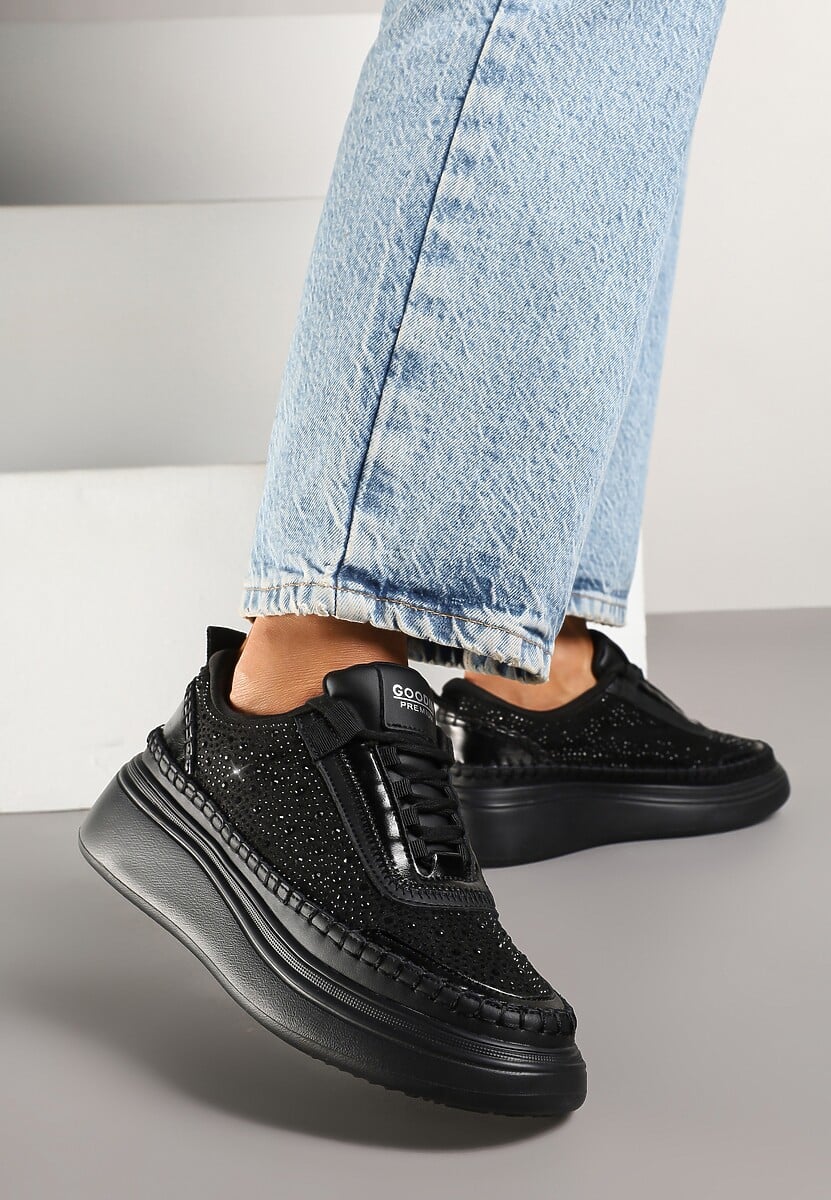 Czarne Sneakersy na Platformie z Wkładką ze Skóry Naturalnej z Cyrkoniami Arvisne