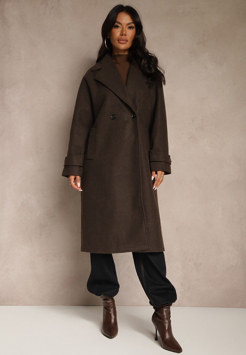 Brązowy Elegancki Płaszcz z Wełny i Wiskozy o Dwurzędowym Kroju Oversize Tilisana