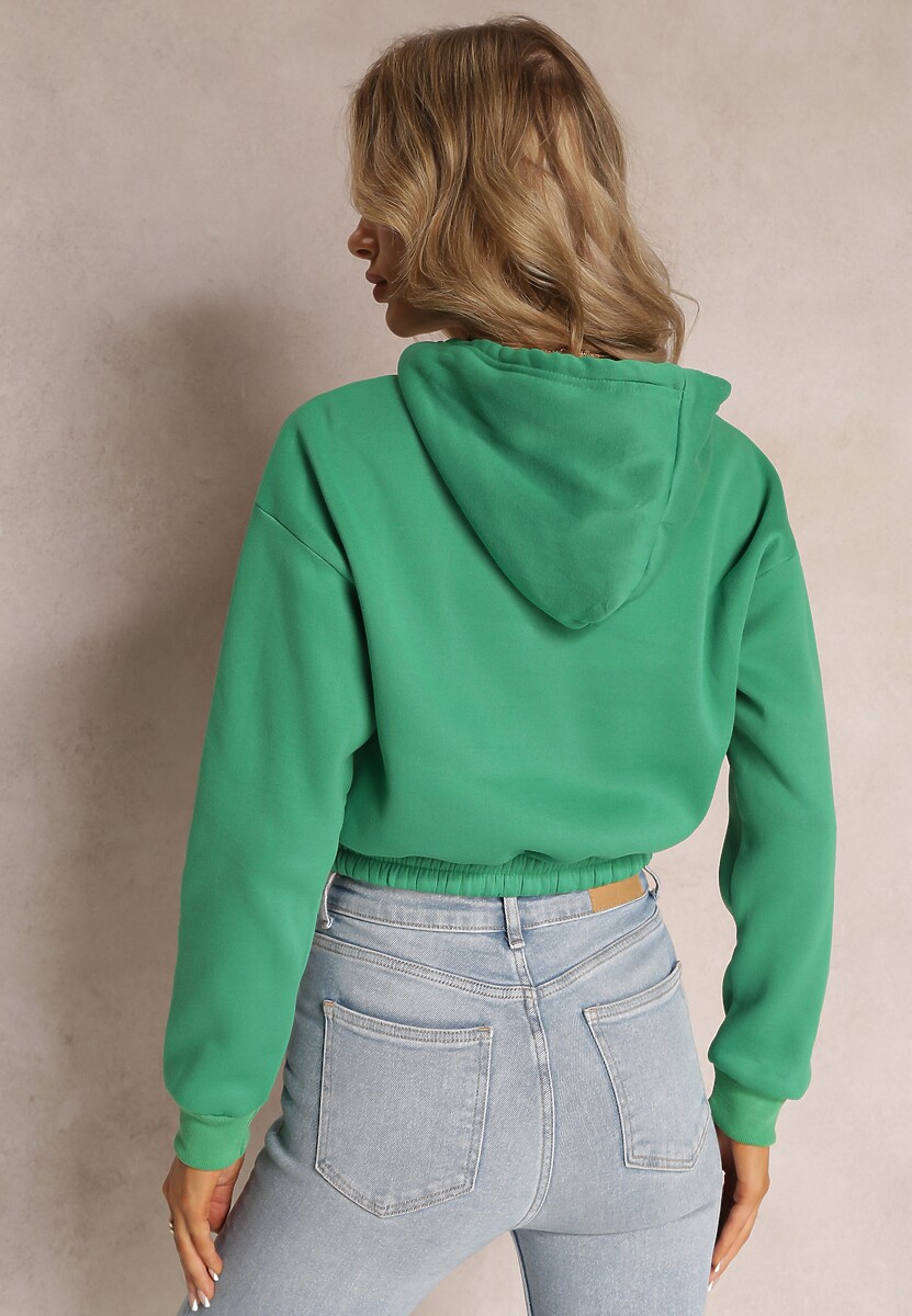 Zielona Krótka Bluza z Kapturem Ściągaczami i Ozdobnym Nadrukiem Relis