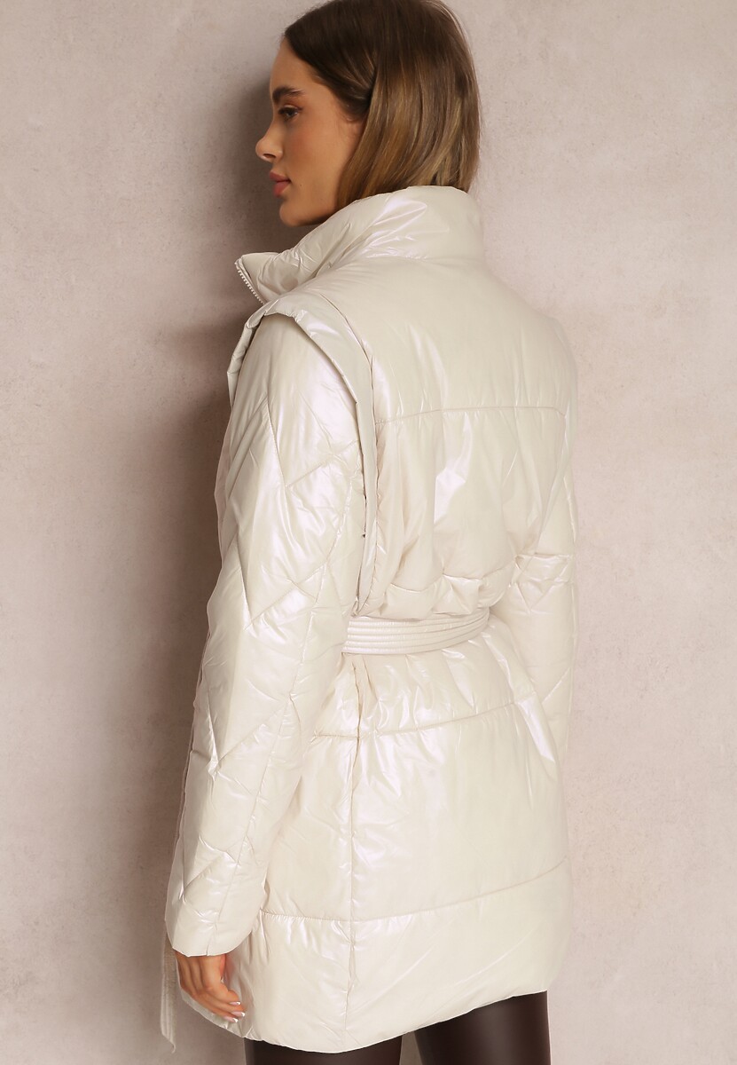 Beżowa Kurtka  z Odpinanym Rękawem Wiązana w Pasie Chozi