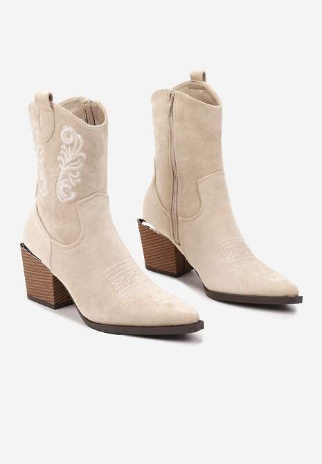 Ciemnobeżowe Botki w Stylu Kowbojek Vices na Stożku Ozdobione Haftem Xalfedi