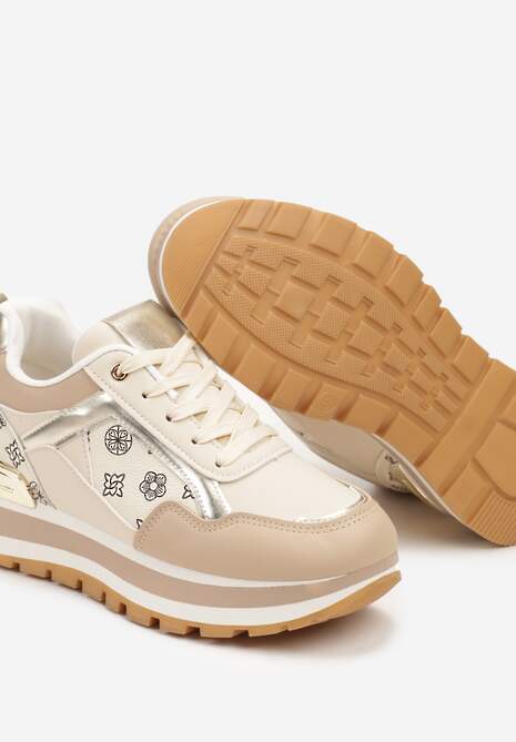 Beżowe Sneakersy Ozdobione Geometrycznym Wzorem i Metaliczną Wstawką Ifira